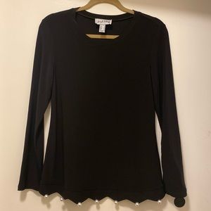 JOSEPH RIBKOFF WOMENS BLACK LONG SLEEVE FAUX PEARLS WHITE BAUBLES HEMLINE